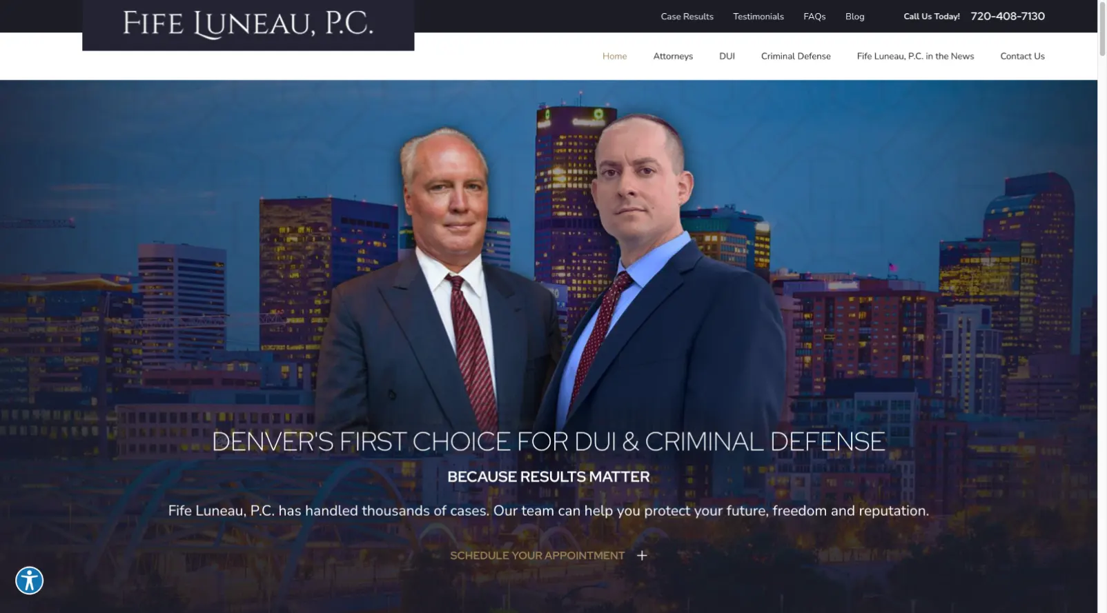 A screenshot of Fife Luneau, P.C.'s defense and DUI legal services homepage