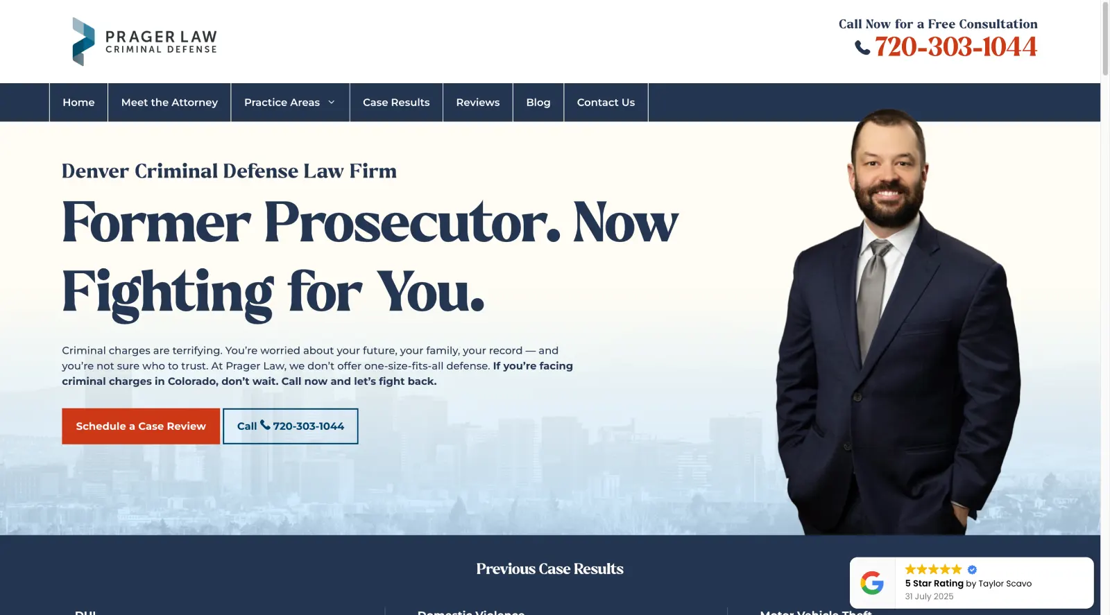 A screenshot of Prager Law's DUI defense lawyer homepage
