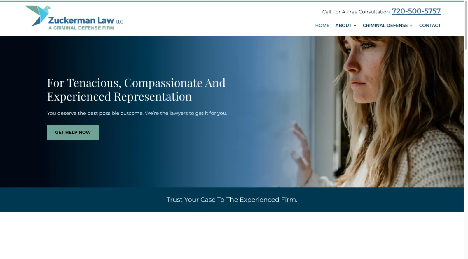A screenshot of Zuckerman Law's defense legal services homepage